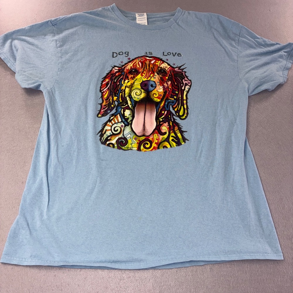 Gildan T-Shirt Mens XL Light Blue Dog Is Love Psychedelic Graphic Tee Art